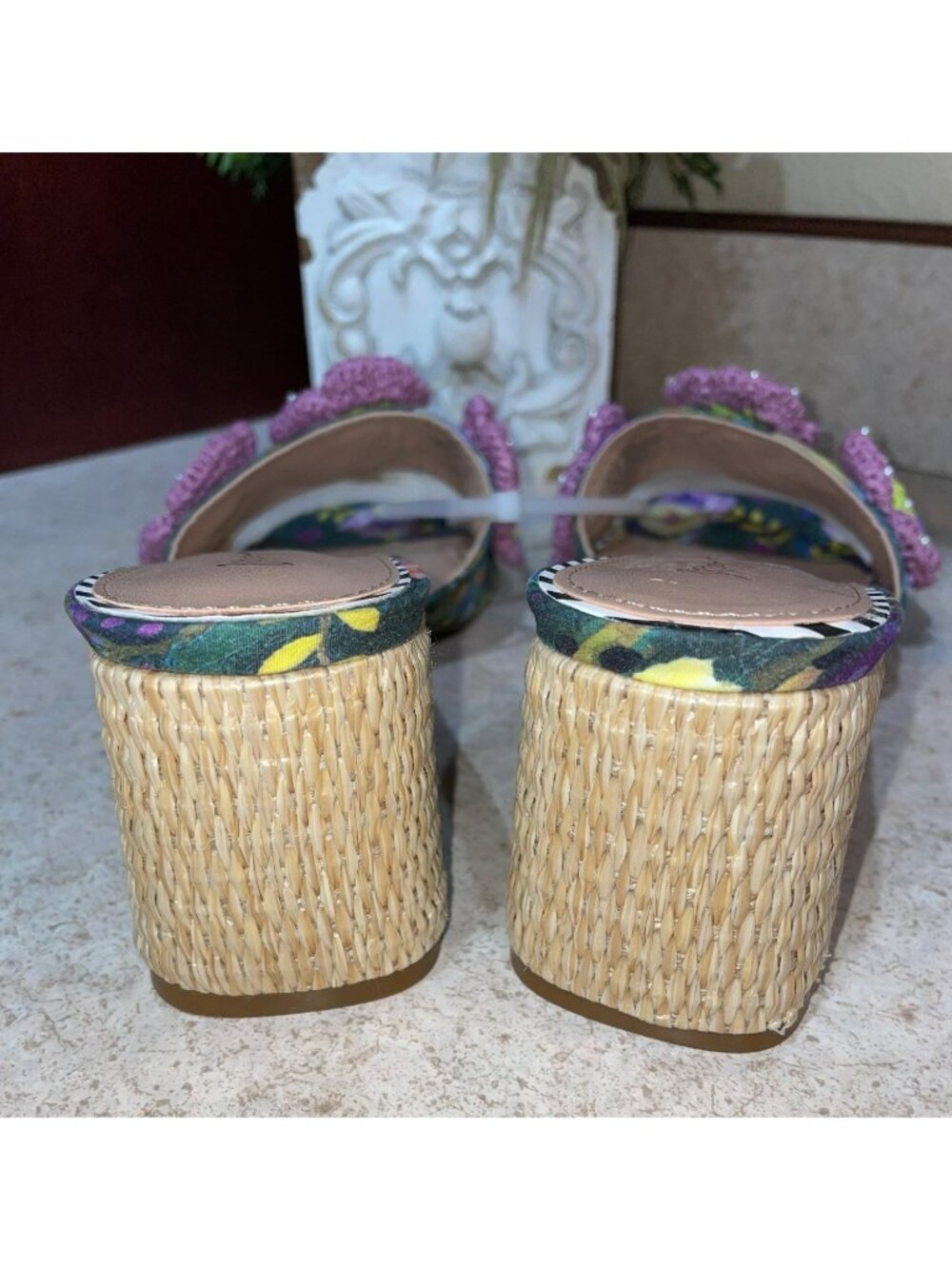 Betsey Johnson Floral & Crochet Embellished Sandals With Raffia Block Heel Size - Picture 5 of 10